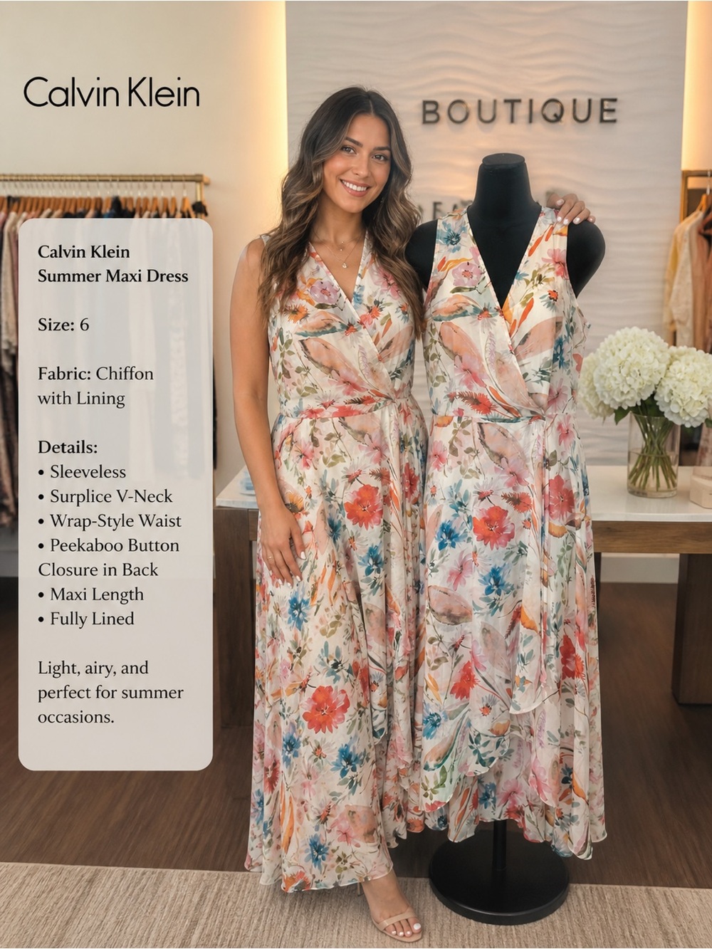 Calvin Klein Floral Chiffon Maxi Dress - Blush, Coral, Teal